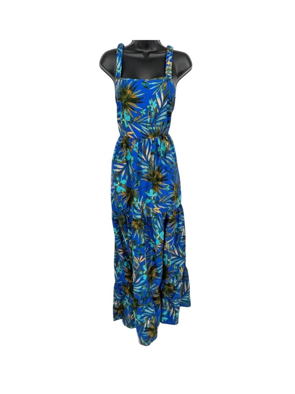 Tropical Maxi Dress Palm leaf Sleeveless Tiered Resort Coastal Vacation Large